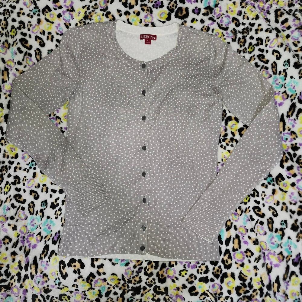Women's Size Small Merona Brand Grey and White Polka Dot Button Up Cardigan